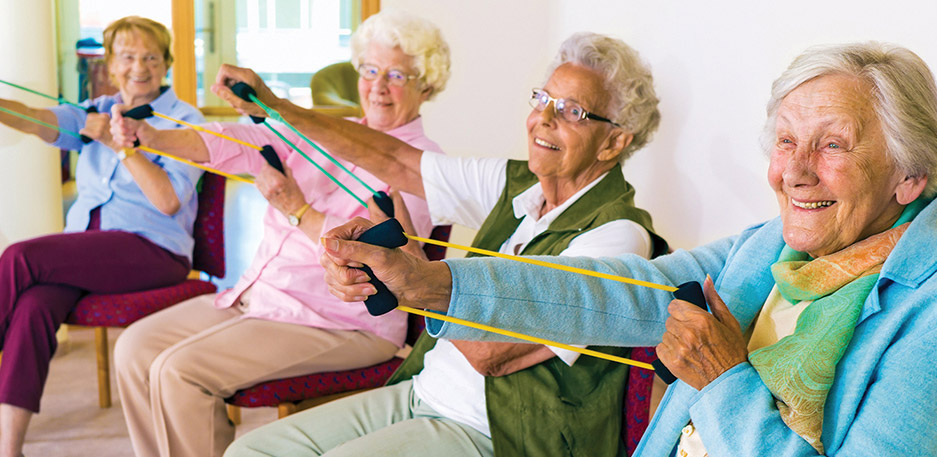seniors exercising with stretch bands
